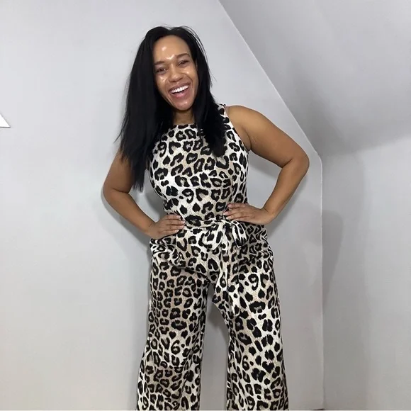 French Connection Leopard Print Jumpsuit Animal Print Wide Leg Romper Neutral - Picture 6 of 11